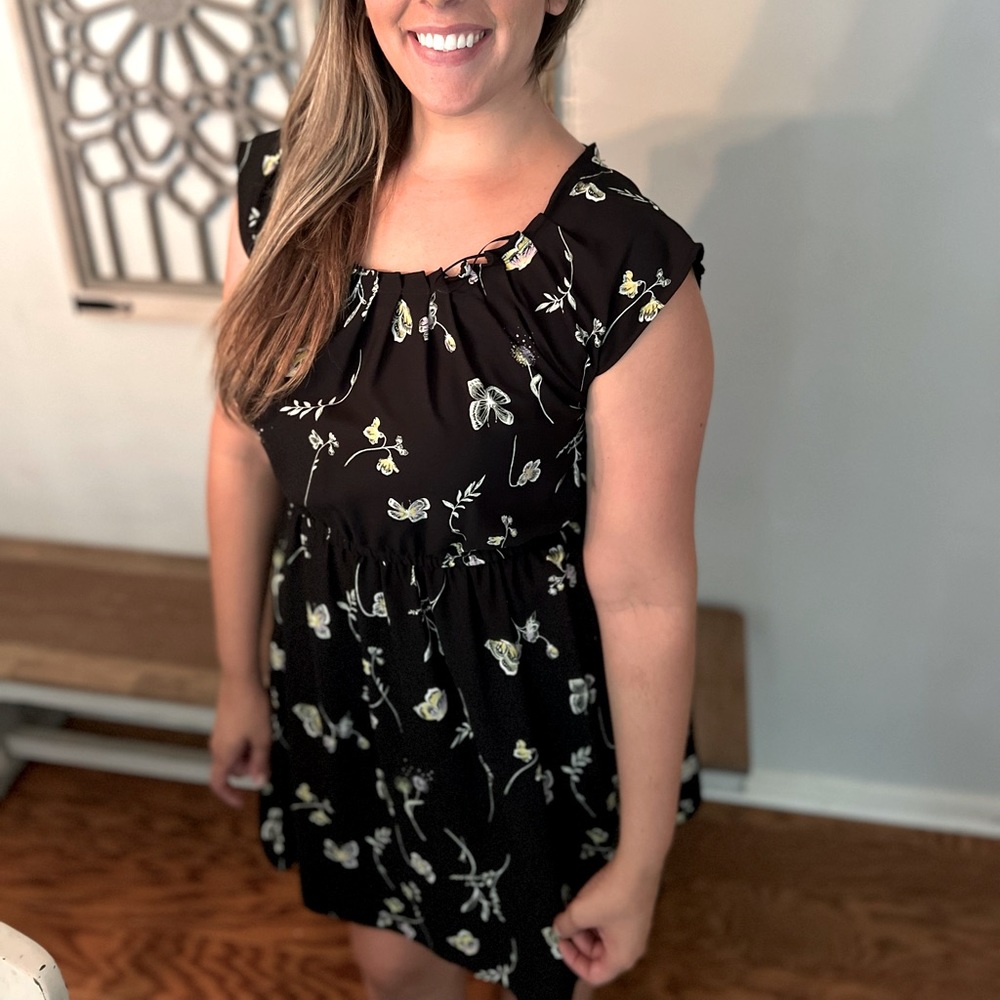 Lauren Conrad Butterfly and Floral print Black Dress (Large)